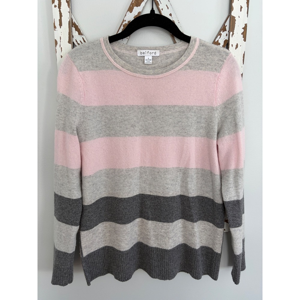 Belford cashmere striped crew neck sweater in pink and grey size Small